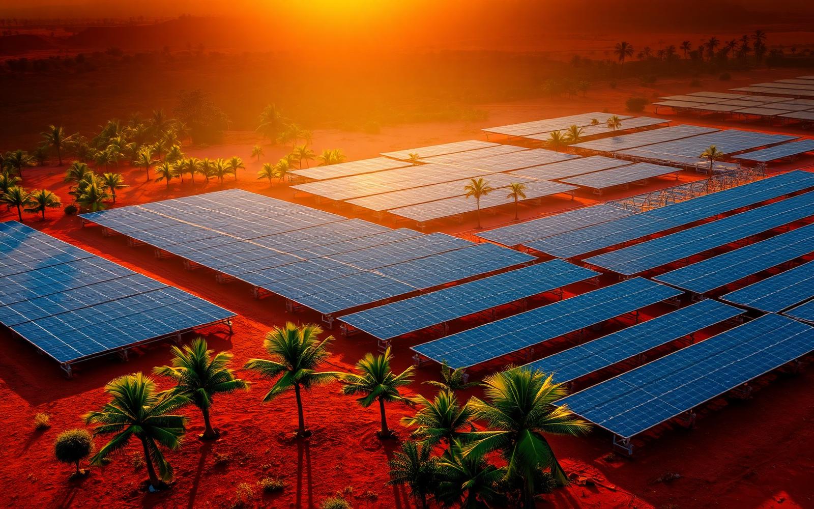 Solar farm in Ghana at sunset
